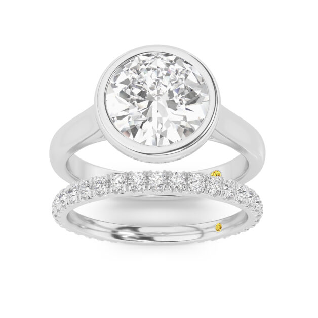 Secret Kiss Lab Grown Round Diamond Engagement Ring with the Envoi Wedding Band