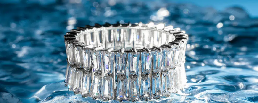 Double row baguette lab-grown diamond eternity band in white gold.