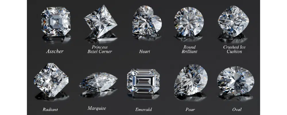 Comparison of lab grown diamond shapes including Asscher, Princess, Round, and Oval for solitaire engagement rings.