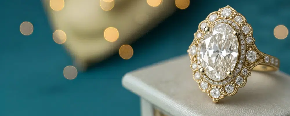 An elegant oval diamond Victorian engagement ring with an intricate yellow gold halo and engraved antique-inspired band