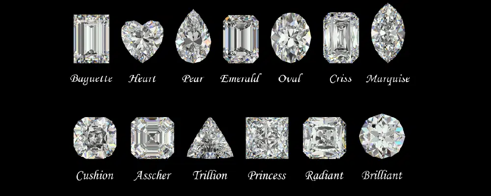 Chart of various diamond cuts like Baguette, Emerald, and Trillion to show lab grown solitaire engagement ring benefits.