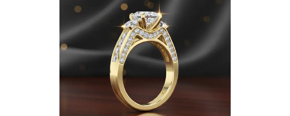 Detailed profile view of a yellow gold hidden halo ring setting with pavé accents, highlighting modern vs traditional ring symbolism.