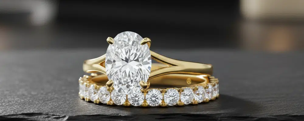 tunning yellow gold oval solitaire engagement ring with a split-shank design, paired with a matching bold diamond eternity wedding band