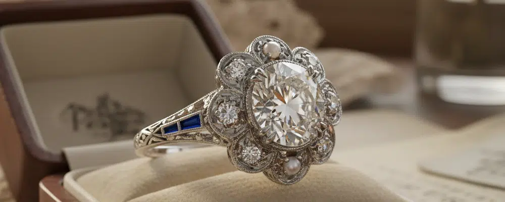 Vintage Art Deco engagement ring with a round brilliant diamond flower halo and blue sapphire accent stones on an intricate filigree band