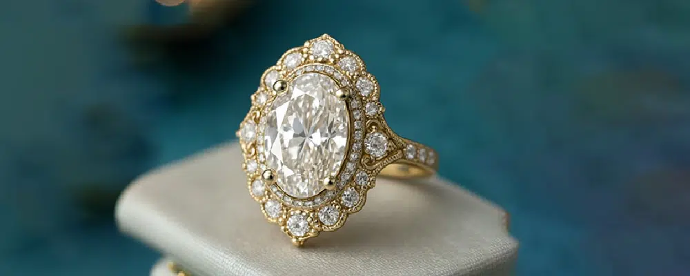 Art Deco style yellow gold engagement ring featuring a prominent oval cut diamond center stone wrapped in an ornate milgrain halo