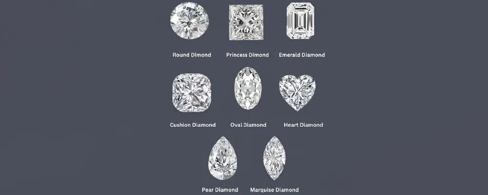 Engagement ring style guide chart displaying different diamond cuts including round, princess, emerald, cushion, oval, heart, pear, and marquise