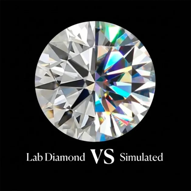 Split graphic showing a real lab-grown diamond alongside a simulated diamond highlighting differences in light refraction and fire