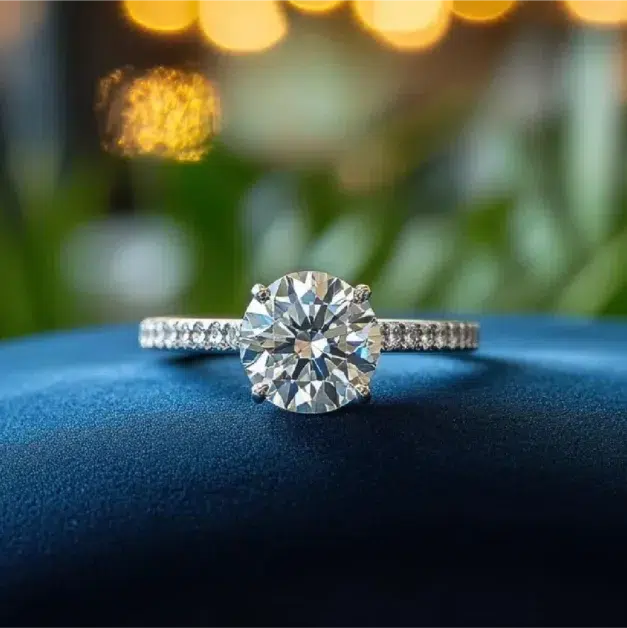 Round brilliant diamond engagement ring on a blue velvet cushion illustrating the professional ring resizing process.