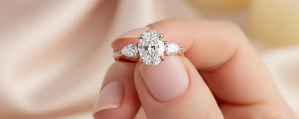 A woman holding a classic three-stone engagement ring with a center oval diamond flanked by pear-shaped side stones on a rose gold band