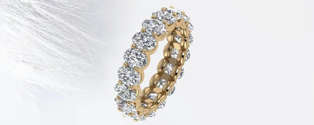 Oval cut lab-grown diamond eternity band in yellow gold.