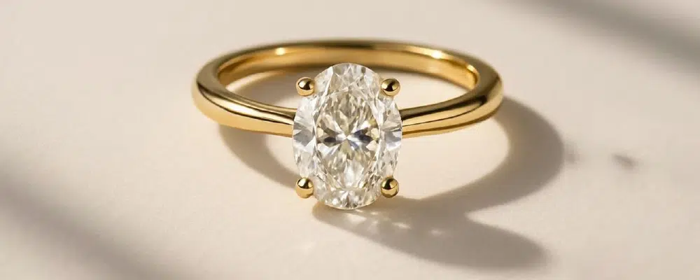 Close-up macro shot of a timeless yellow gold oval solitaire engagement ring resting on a light surface, highlighting its brilliant facets and classic four-prong setting.
