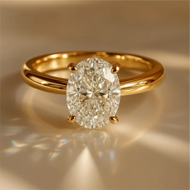 Oval Solitaire Engagement Ring Guide banner featuring a brilliant oval cut diamond in a yellow gold setting with warm lighting.