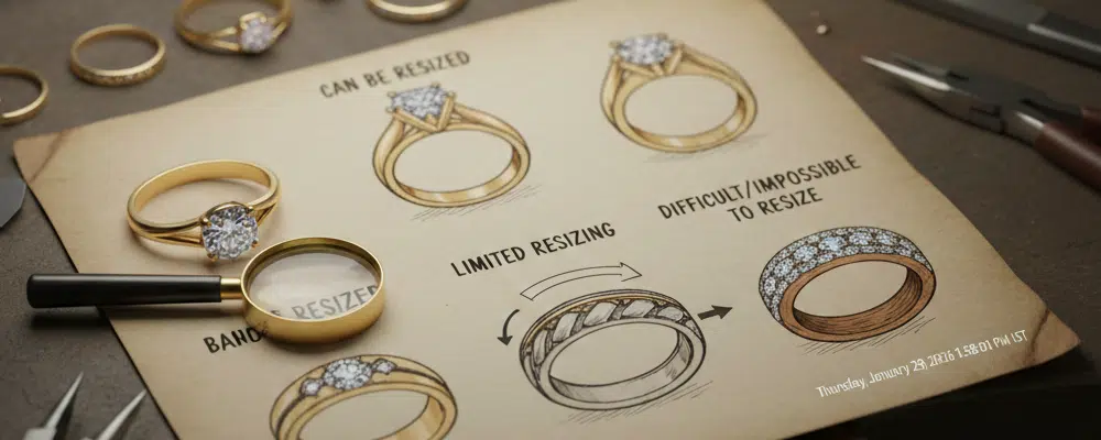 An infographic showing which engagement rings can be resized, including solitaire, channel set, and eternity bands that are difficult to resize.