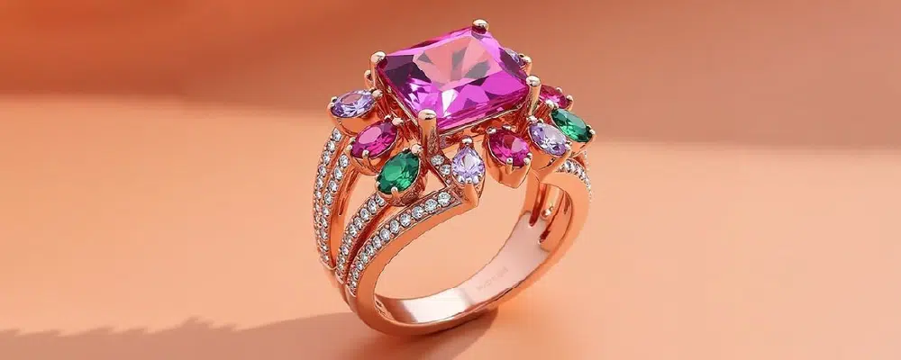 Retro style rose gold cocktail ring featuring a large cushion cut pink gemstone surrounded by multicolored lab grown diamond accents.