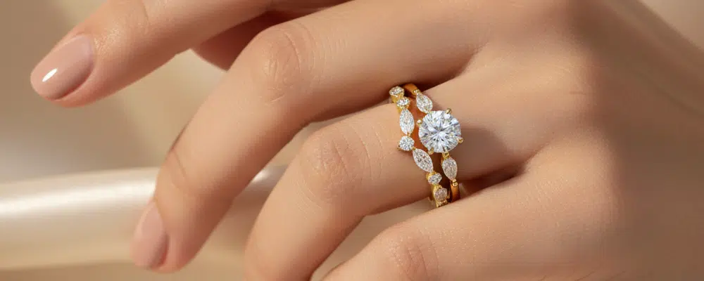 Round lab-grown diamond engagement ring with marquise and round diamond wedding band in 18k yellow gold.