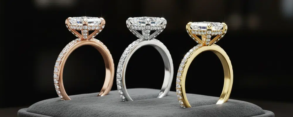 Comparison of rose gold, white gold, and yellow gold engagement rings showing hidden halo details for metal cost comparison.
