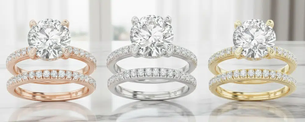 Round lab-grown diamond bridal sets in rose, white, and yellow gold.