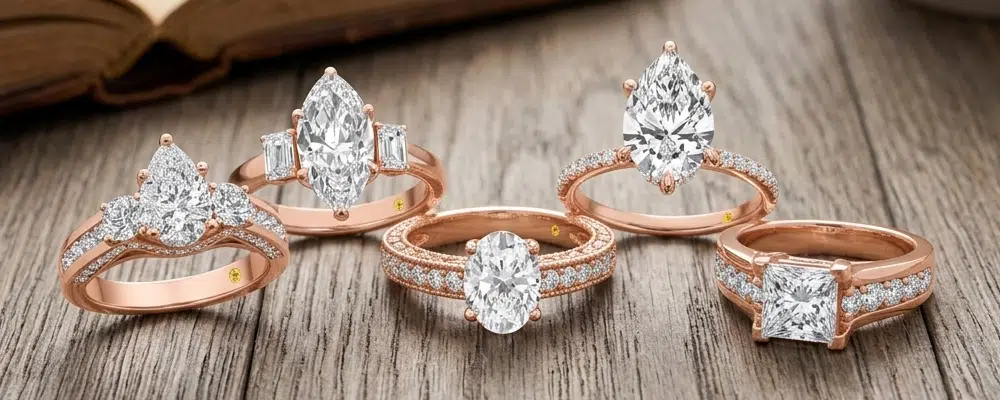Five different diamond shapes of rose gold engagement rings displayed in a row