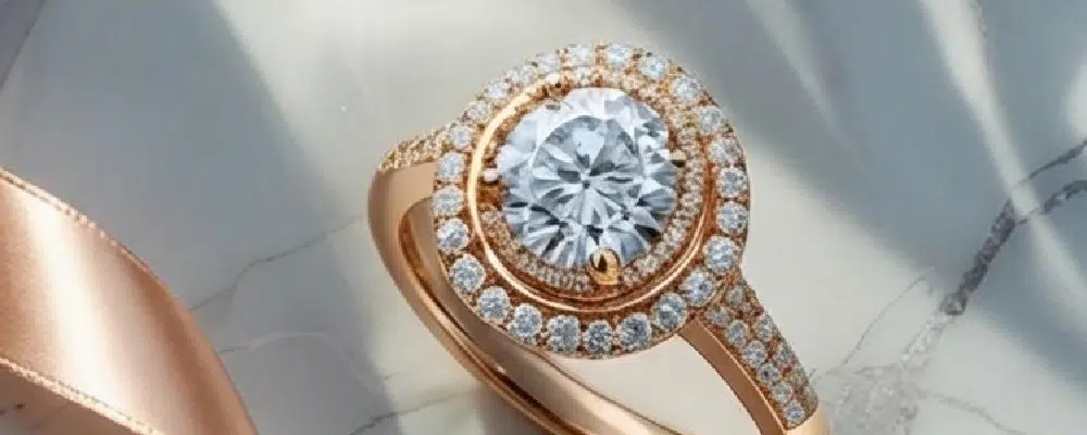 A round brilliant cut rose gold double halo engagement ring