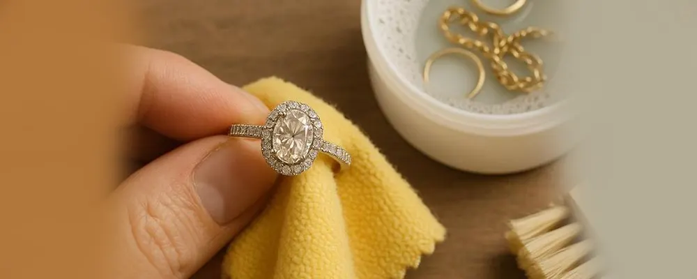 Polishing a white gold oval diamond halo engagement ring with a yellow microfiber cloth as part of a weekly jewelry care routine