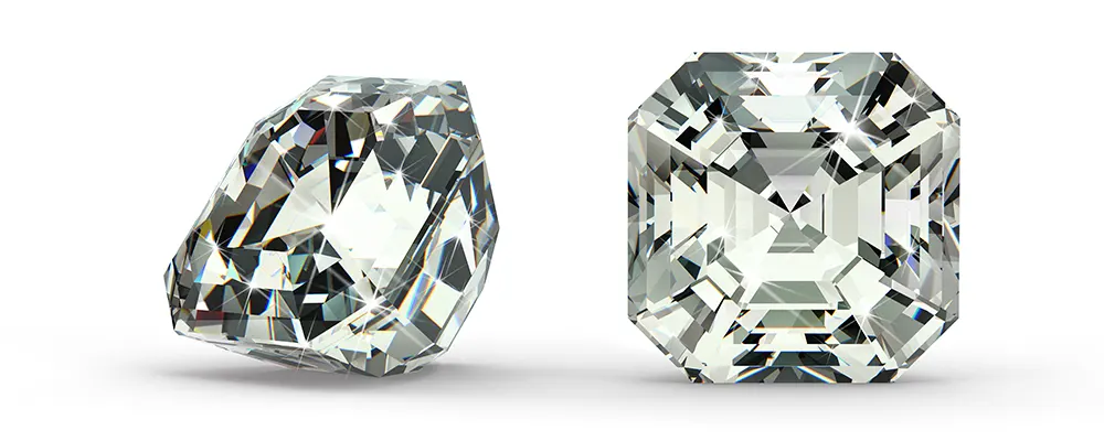 A loose square Asscher cut diamond illustration used for comparing diamond shapes in a jeweler guide