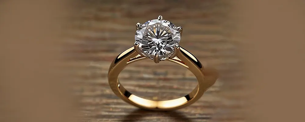 A timeless yellow gold classic solitaire engagement ring setting with a round cut diamond on a warm wood surface