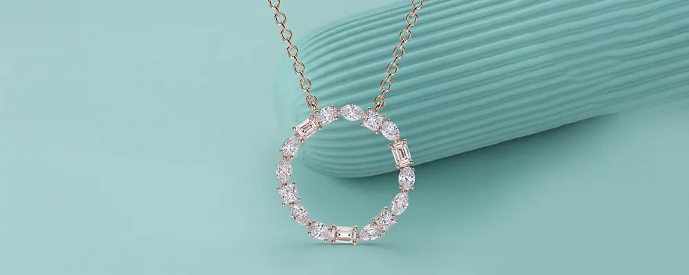 Round brilliant lab-grown diamond open oval circle pendant necklace in 14k white gold.