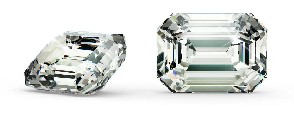 Side by side comparison of two loose emerald cut diamonds illustrating different length to width ratios and step cut clarity