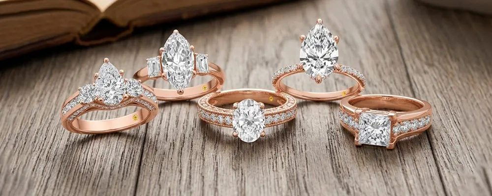An assortment of durable rose gold engagement rings featuring pear, marquise, oval, and princess cut diamonds on a wooden surface.