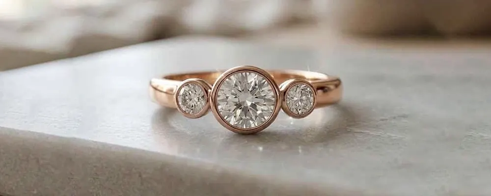 Three stone bezel set engagement ring featuring round brilliant diamonds in a secure rose gold