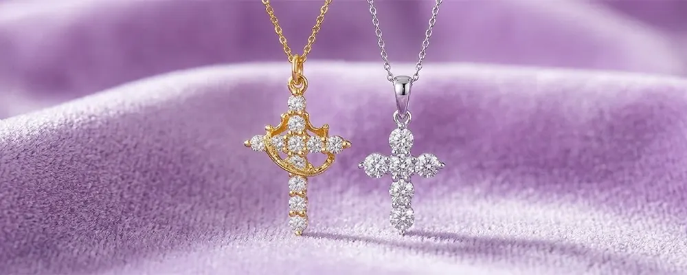 Yellow gold and white gold dainty diamond cross necklaces