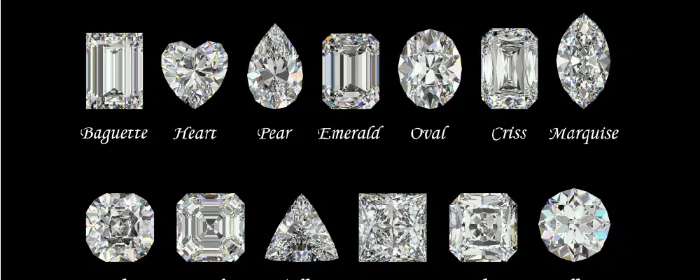 A diamond shape chart on a black background comparing a pear cut diamond with baguette heart emerald oval criss and marquise cuts