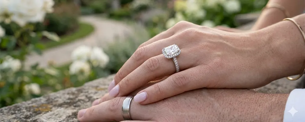Close-up view of a bride's hand showcasing a large radiant cut lab diamond halo engagement ring with a diamond-encrusted band.