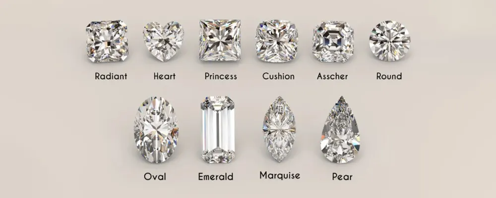 Chart of different lab grown diamond shapes including round, oval, princess, emerald, and pear cuts