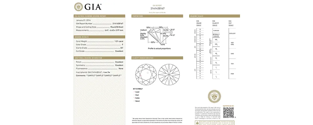 An official GIA diamond certificate showing grading scales for color, clarity, and cut proportions for a round brilliant cut diamond.