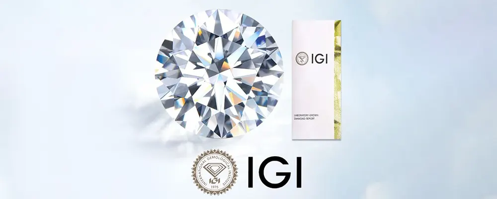 A colorless round brilliant cut diamond with an official IGI grading certificate report.