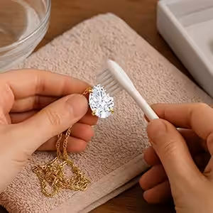 A person's hands holding a yellow gold pear-cut lab-grown diamond pendant necklace over a brown textured towel, gently cleaning it with a white toothbrush, with a small glass bowl of water resting in the background.