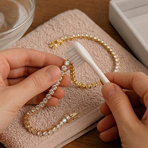 A person's hands holding a yellow gold round-cut lab-grown diamond tennis bracelet over a brown textured towel, gently cleaning it with a white toothbrush, with a small glass bowl of water resting in the background.
