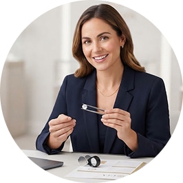 A circular photograph of a smiling female jewelry expert in a navy blazer sitting at a brightly lit desk holding a jeweler's tool, representing La Joya's personalized concierge support and direct access to knowledgeable professionals.