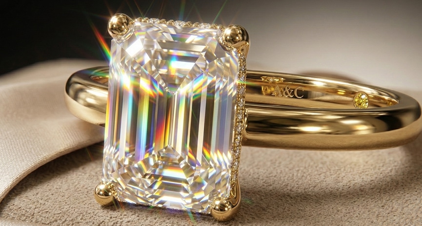 A close-up of a yellow gold engagement ring featuring a large emerald-cut lab-grown diamond with a pavé basket setting, resting on a textured fabric background with visible prismatic light reflections.