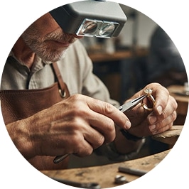 A circular photograph of an experienced artisan wearing a head-mounted magnifier, meticulously working on a La Joya lab-grown diamond ring at a wooden jeweler's bench, representing in-house manufacturing and factory-direct pricing.