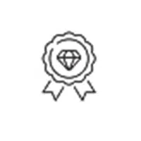 A dark purple line-art icon of a ribbon rosette seal featuring a diamond in the center, representing La Joya's secure and flexible payment options for lab-grown diamond jewelry.