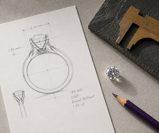 A flat lay overhead view featuring a detailed pencil sketch of a 1.50-carat round brilliant lab-grown diamond ring on paper, accompanied by a loose round lab-grown diamond, a purple pencil, and a brass measuring caliper resting on a textured gray and slate surface.