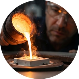 A circular photograph of a metalworker wearing safety glasses carefully pouring glowing molten gold from a crucible into a mold, representing La Joya's commitment to solid gold integrity and durable craftsmanship.