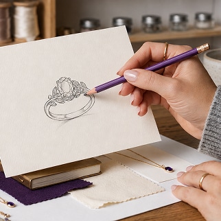Hand sketching a diamond ring design in a notebook using a purple pencil