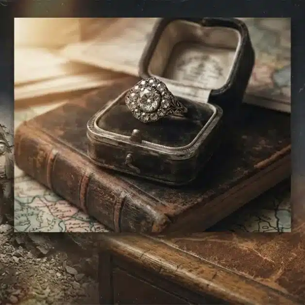 Conceptual composite image showing historical diamond miners, an antique diamond engagement ring in a velvet box, and a rough uncut diamond representing vintage conflict origins