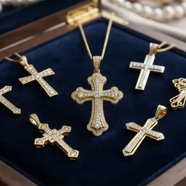 Assortment of intricate yellow gold diamond cross pendants displayed inside a velvet jewelry box showcase