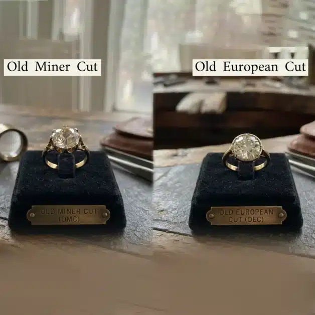 Side-by-side comparison display of an antique Old Mine cut diamond ring in a prong setting next to an Old European cut diamond ring in a bezel setting