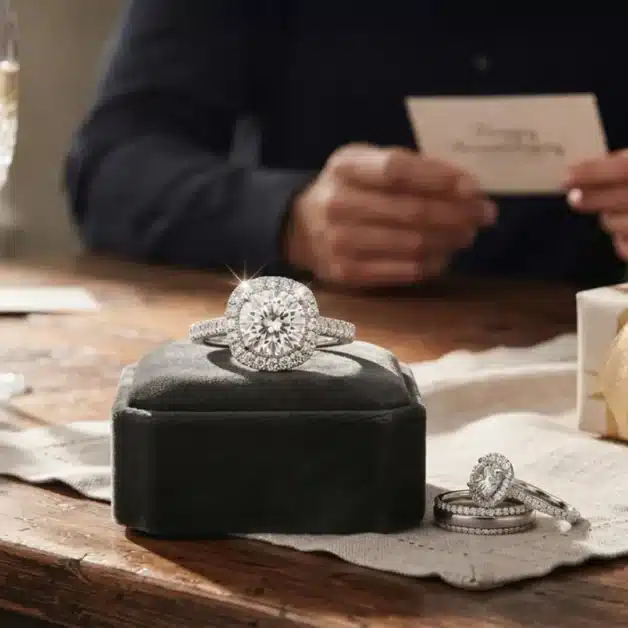 Cushion halo diamond 10-year anniversary ring presented in a velvet box next to a wrapped gift card and celebratory champagne setup