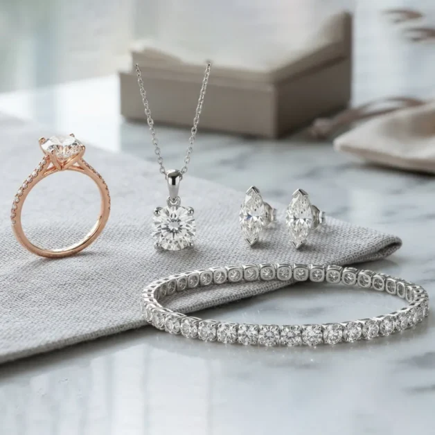 Rose gold pavé diamond ring displayed alongside a solitaire pendant necklace, marquise stud earrings, and a bezel-set diamond tennis bracelet
